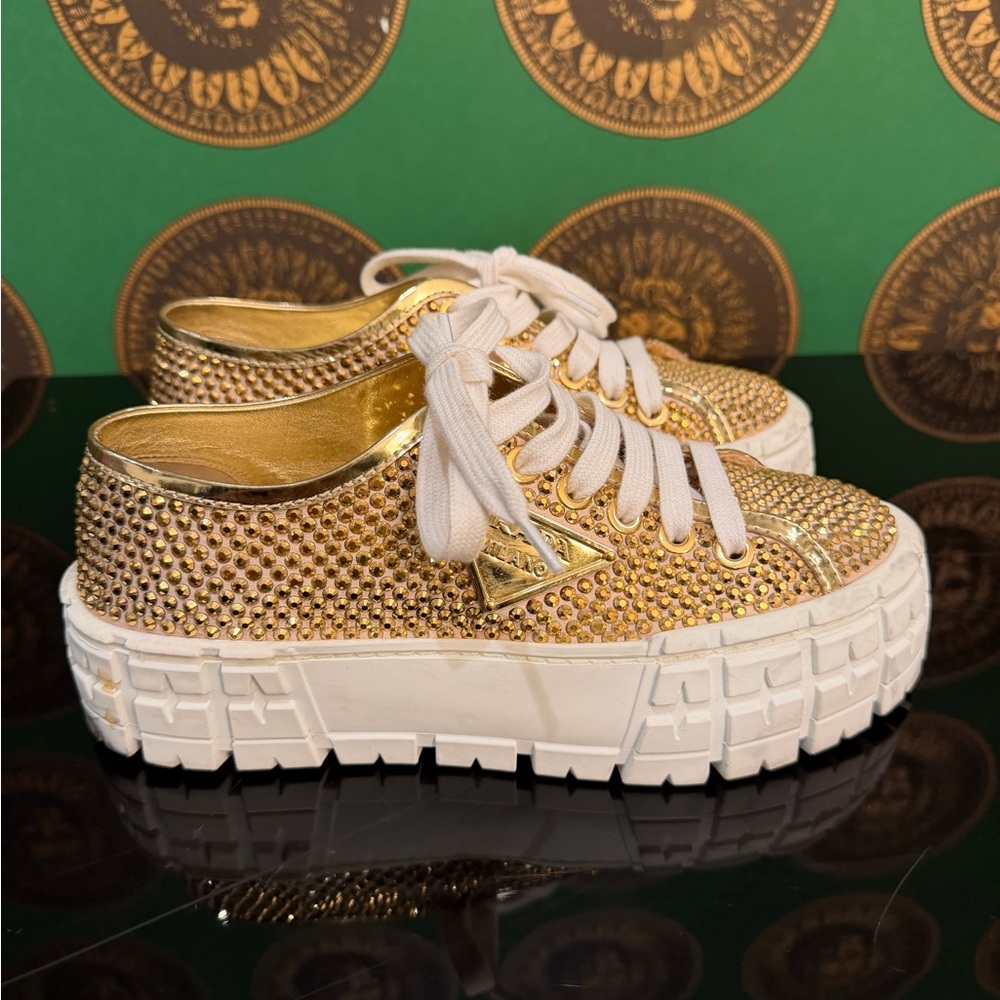 Prada Double Wedge Gold Crystal Women's Sneakers, Size 37, worn once